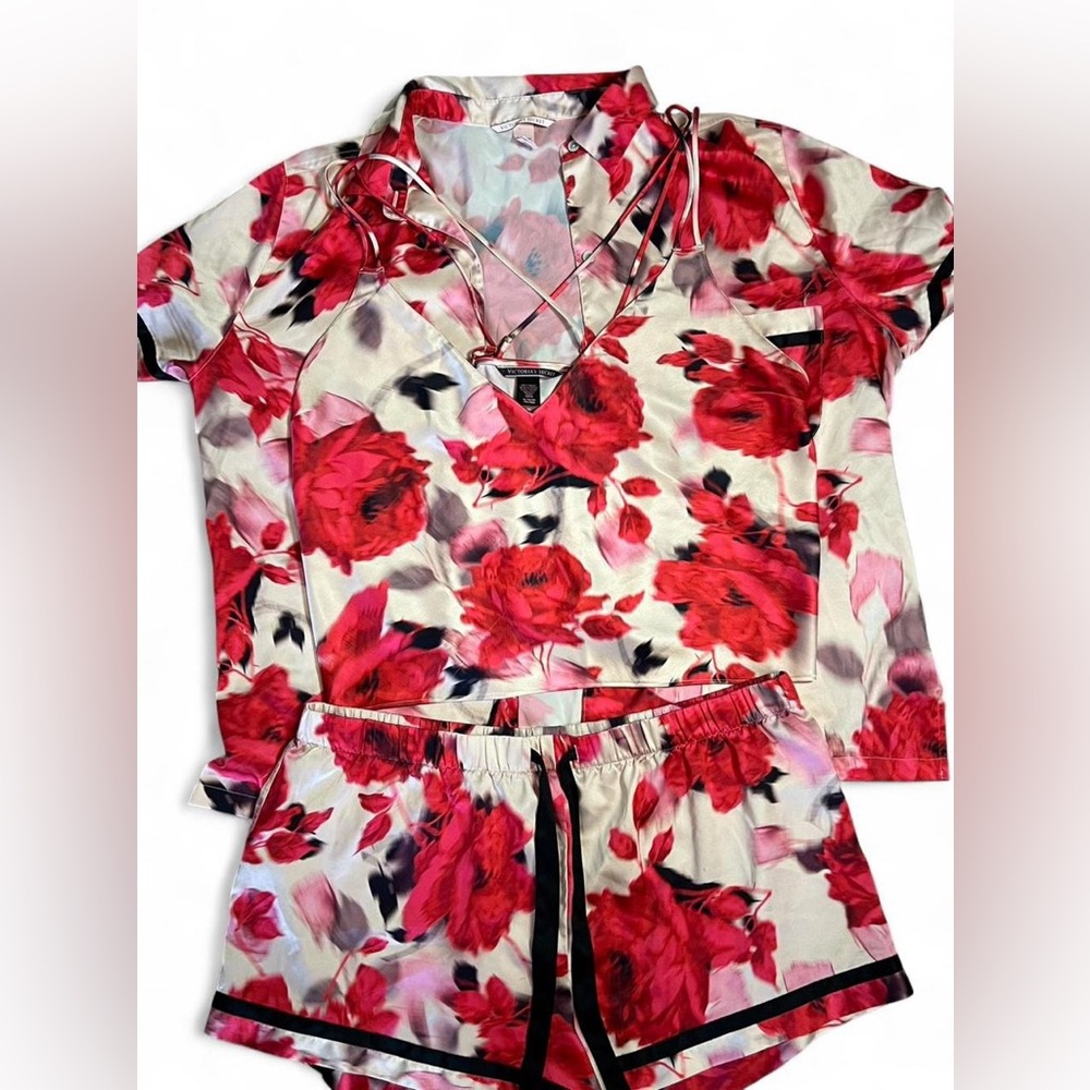 Victoria’s Secret Satin Floral 3 Piece Pajama Set Red Rose Coquette XL
